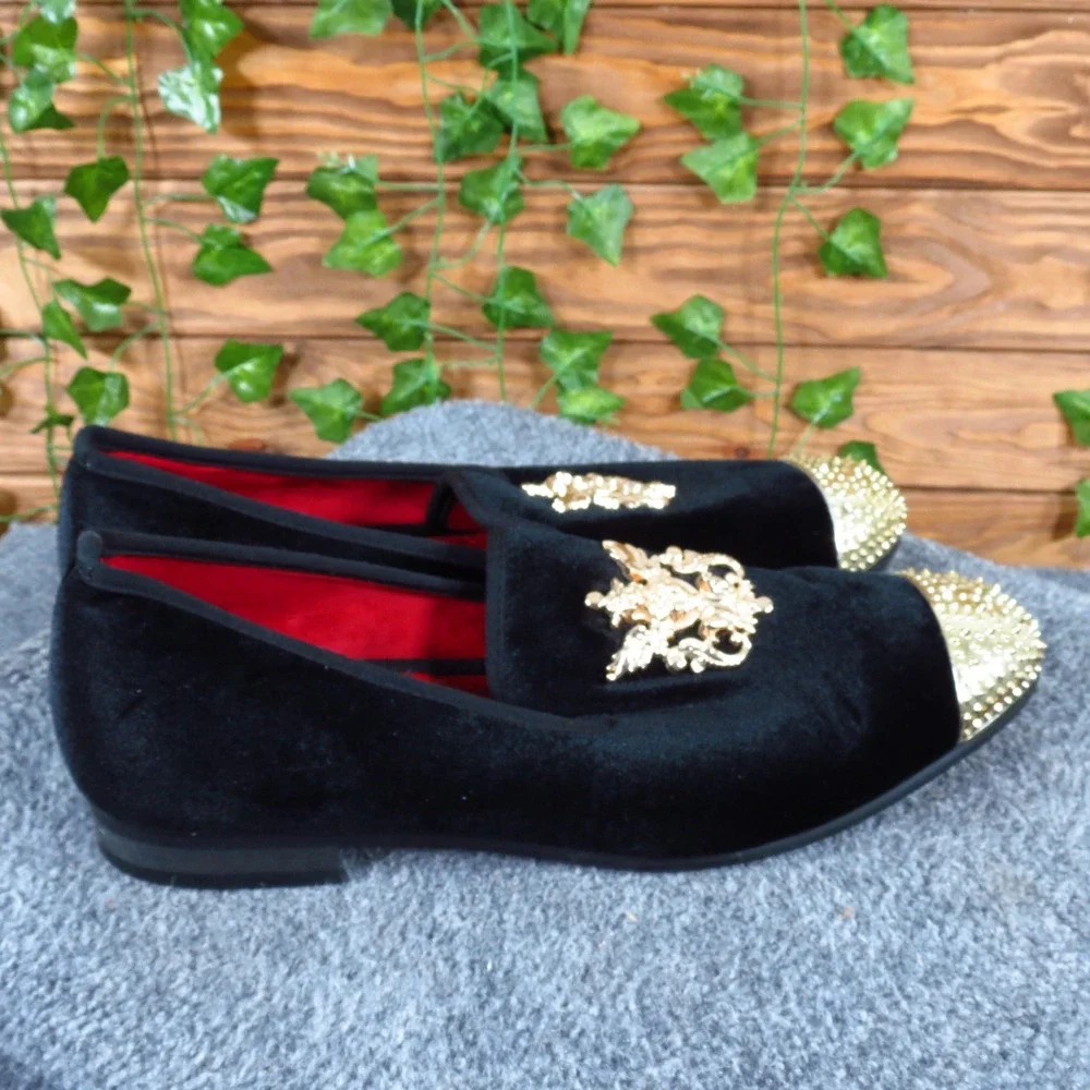 JITAI Velvet Crest Mens Loafers Size 12 Formal Wedding Party Black Gold Spiked